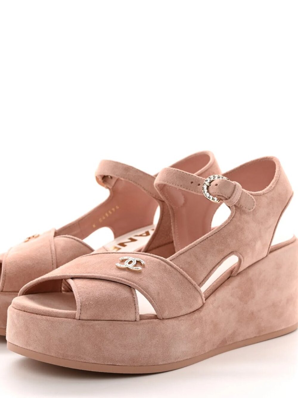 NWOB Chanel 2024 Wedge Peep Toe Platform Suede Crystal CC Sandals Pink 39